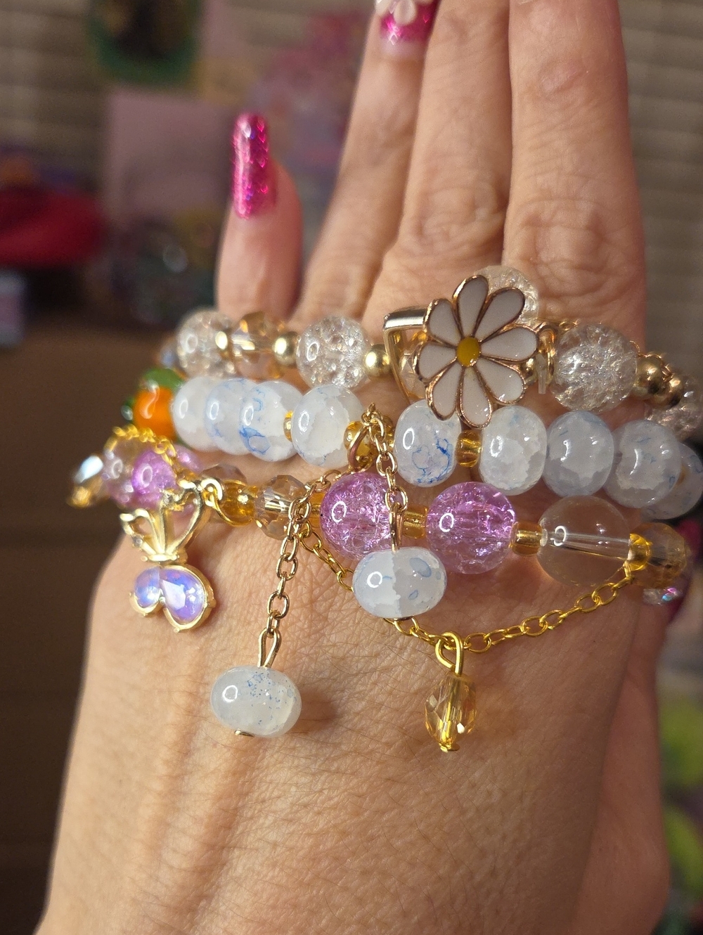 3 Beaded Bracelet Stack - Pink, White & Purple